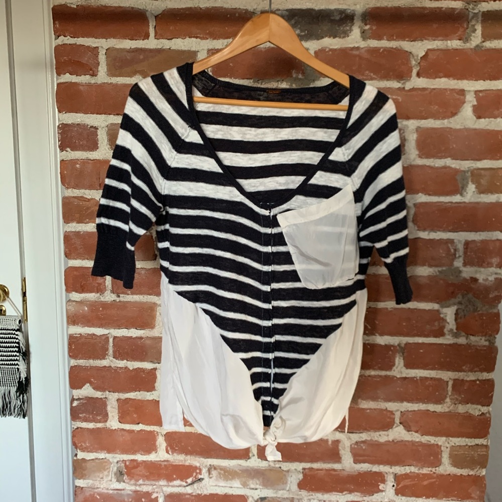 Free people knit poly shirt w tie S blue stripe